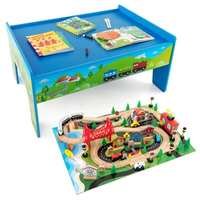 Safstar Kids Wooden Train Table Set 80 PCS Activity Playset w/ Reversible Tabletop