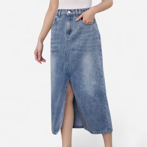 Anna-Kaci Women's High Waist Denim Midi Skirt with Front Slit Detail and Faded Wash Finish - 1 of 4