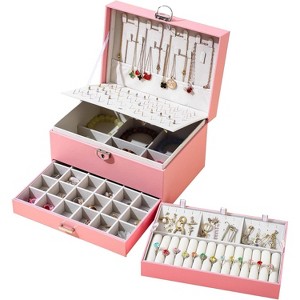 4-Layer Jewelry Box with Lock, Earring Organizer for Studs, Necklaces & Rings, Black Gift for Girls - 1 of 4