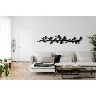 Black Metal Birds on Branch Wall Sculpture, 47 x 10 inches