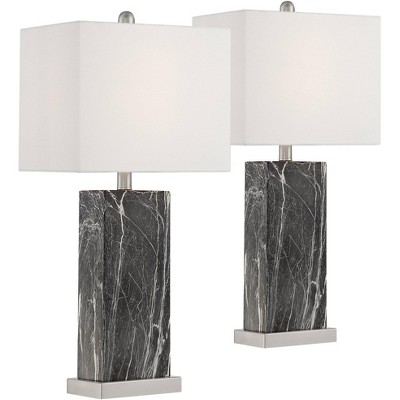 360 Lighting Modern Table Lamps Set of 2 with USB Charging Ports Black Faux Marble White Rectangular Shade for Living Room Bedroom