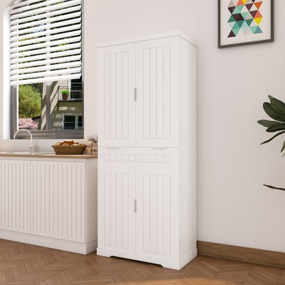 JUJABU 71.65" White Farmhouse Freestanding Storage Cabinet with Drawer, 2 Cabinets & Adjustable Shelves