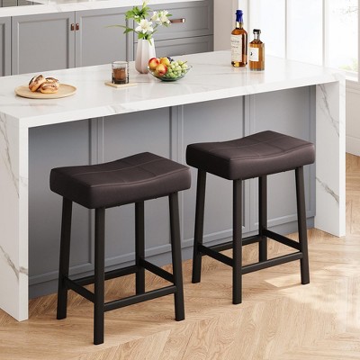 Set Of 4 Swivel Bar Stools – 24" Counter Height – Brown Faux Leather & Rubberwood