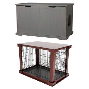 Merry Pet Cat Washroom Bench w/ Partition Wall + Cage w/ Protection Box EndTable