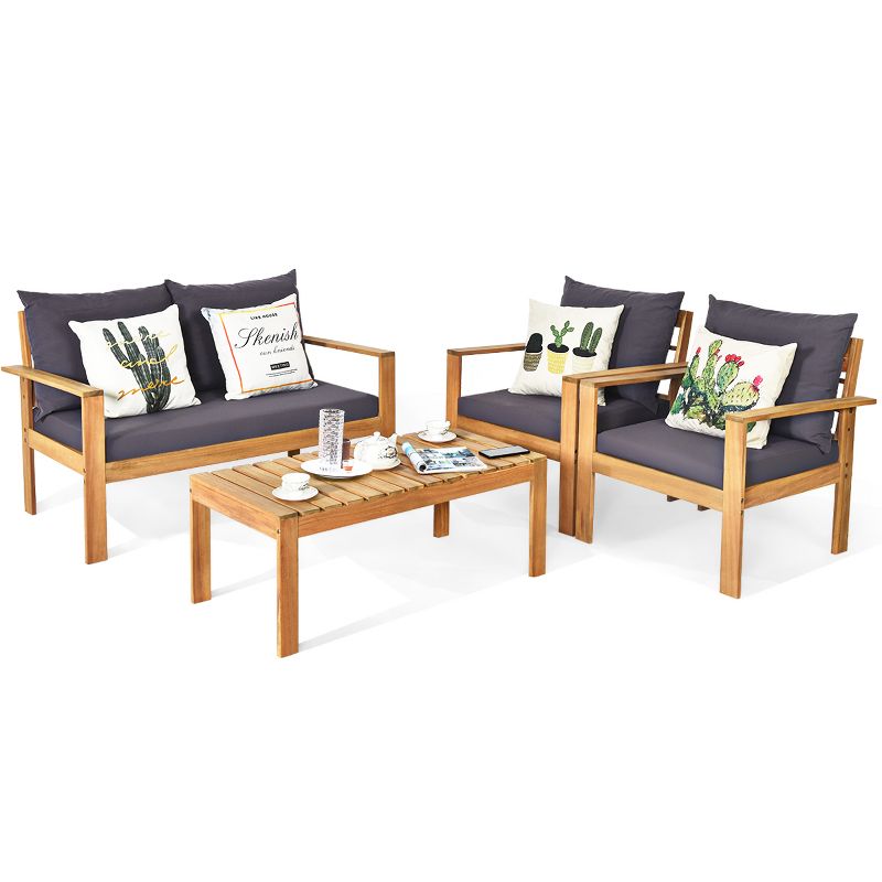 Tangkula 4 PCS Outdoor Acacia Wood Conversation Sofa Table Furniture Set W/ Grey Cushions, 2 of 11