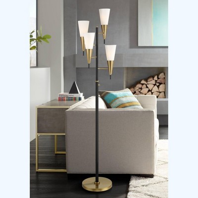 71" Tall Black and Gold Mid Century Modern Floor Lamp with Frosted Glass Shades