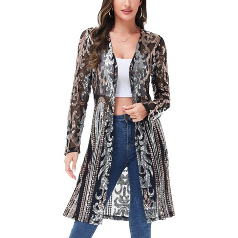 Anna kaci Women s Long Sequin Cardigan Open Front Sheer Duster Jacket Xx Large Silver Gold Target