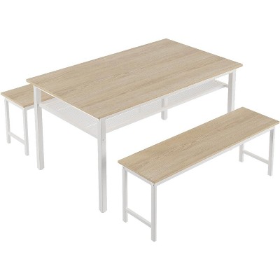 Farmhouse Dining Set for 4, 3-Piece Kitchen Table with 2 Benches & Storage Rack, White Oak MDF Table with Metal Frame, for Home & Restaurant