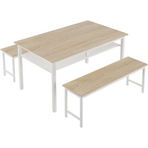 Farmhouse Dining Set for 4, 3-Piece Kitchen Table with 2 Benches & Storage Rack, White Oak MDF Table with Metal Frame, for Home & Restaurant - 1 of 4