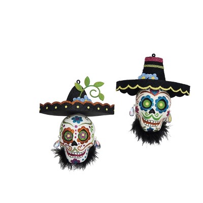 Gallerie II Sombero Skull Halloween Ornament ResinTins Wire Maribou A/2