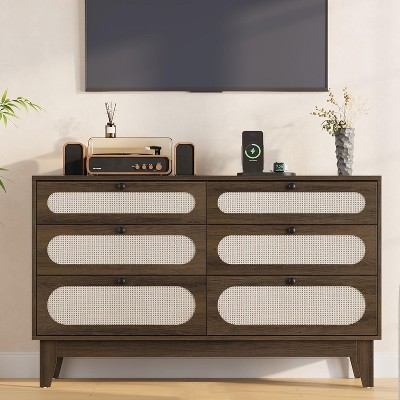 Rattan Dresser for Bedroom with 3/6 Drawers, Boho Storage Cabinet with Natural Weaving, Wood Chest of Drawers for Living Room, Entryway
