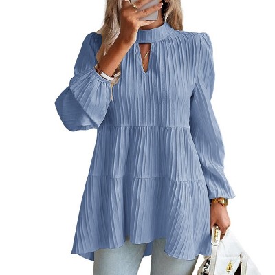 Womens Keyhole Smock Tops Vintage Flowy Peasant Blouse Tiered Boluse Lantern Sleeve Pleated Tops