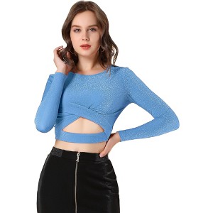Allegra K Women's Glitter Long Sleeve Cut Out Twist Front Slim Fitted Crop Top - 1 of 4