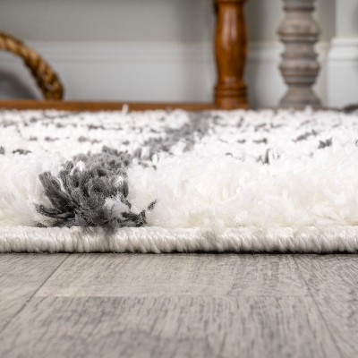 Ivory and Black Moroccan-Inspired Geometric Shag Rug