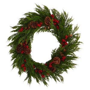 Nearly Natural 32-in Cypress with Berries and Pine Cones Artificial Wreath - 1 of 3