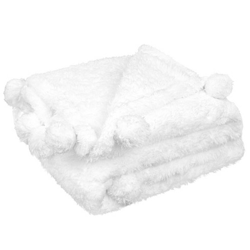 PAVILIA Fluffy Throw Blanket with Pompom Lightweight Soft Plush Cozy Warm Pom Pom Fringe for Couch Sofa Bed White Twin 60x80