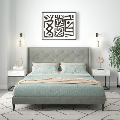 Glenwillow Home Huppe Upholstered Platform Bed Frame, Button-Tufted MCM Wingback, Mattress Foundation, No Box Spring Needed, Easy Assembly