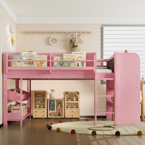 KTMBDW Low Loft Bed with Storage Shelves,Desk and Blackboard,Wood Kids Loft Bed with Safety Guardrail and Ladder,Under-Bed Play Space - 1 of 4