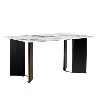 NicBex 63 Inch Rectangle Dining Table with White Imitation Marble Tabletop and MDF Legs for 6 to 8,Living Meeting Room,Black