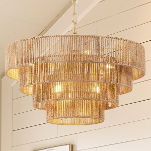 YANSUN 20in. 6-Light Hand Woven Rattan Pendant Light, Boho Brown Large Farmhouse Chandelier 4-Tier Rattan Shade for Living Room Brown - 1 of 1
