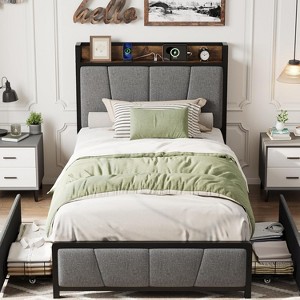 Twin Bed Frame with Linen Upholstered, 2 Storage Drawers & Storage Headboard & Charging Station, Noise Free, 800lbs - 1 of 4