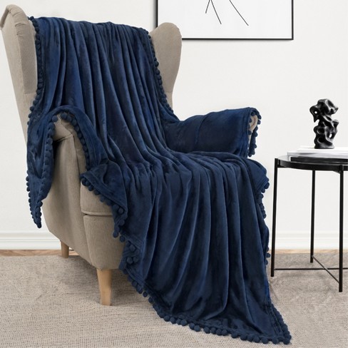 PAVILIA Fleece Pom Pom Blanket Throw for Sofa Bed Soft Lightweight Pompom Fringe Blanket for Couch Navy Blue Twin 60x80