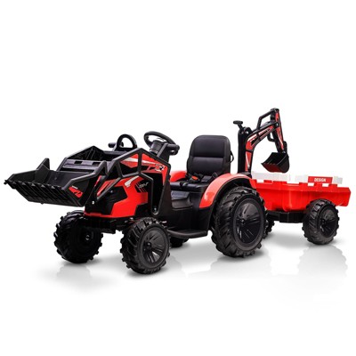 24V Kids Electric Car, 2 Seater Ride On Car for Kids, Excavator & Bulldozer, Electric Vehicle w/Trailer