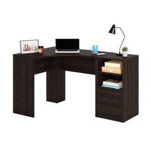 Vynxaria Brown Finish Corner Desk 52.09"L x33.58"W x28.98"H, Large Tabletop, Lower File Drawer (Reversible), Open Shelves - 1 of 4
