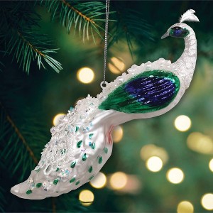 Elegant Winter Peacock Glass Christmas Ornament| OrnamentallyYou - 1 of 4