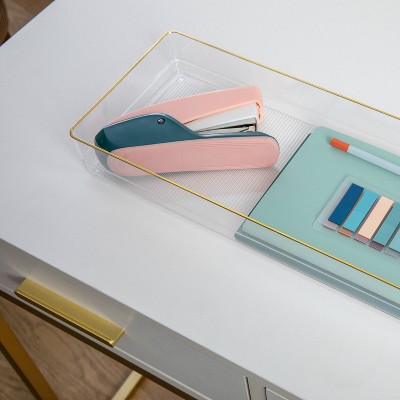 Martha Stewart 2pc 15" x 6" Plastic Stackable Office Desk Drawer Organizers with Gold Trim Clear: Desk Organizer Set