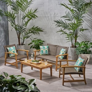 Christopher Knight Home Hampton Outdoor Wicker and Acacia Wood 4 Seater Chat Set - 1 of 4