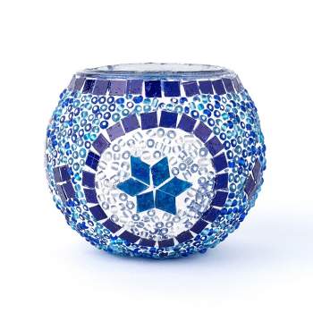 Kafthan 3.4 in. Handmade Blue and White Mosaic Glass Votive Candle Holder