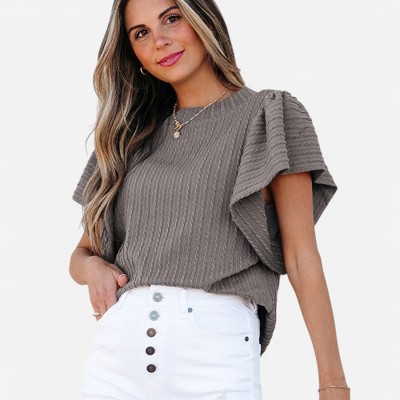 Amaryllis Women's Textured Knit Blouse Flutter Sleeve Relaxed Fit Crew Neck Chic Versatile Casual Everyday Top