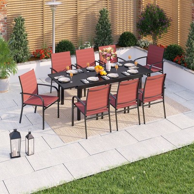 Captiva Designs 9pc Patio Dining Set with Black Expandable Steel Rectangle Table & Sling Fixed Chairs