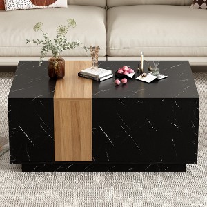 Mayeerty Modern Two-tone Coffee Table with Faux Marble and Walnut Finish, Rectangular Center Table with 2 Storage Drawers, 35.4 x 23.6 Inch, Black - 1 of 4