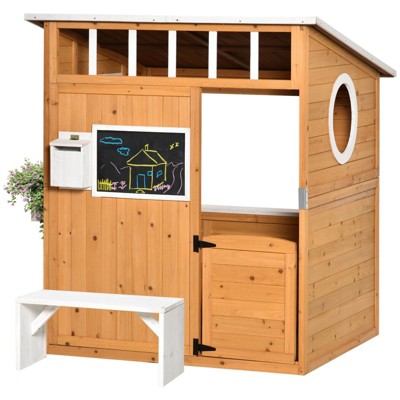 VisioGear Wooden Playhouse for Kids Outdoor with Working Door,Windows,Mailbox,Bench,Flowers Pot Holder,48''*42.5''*53.25''