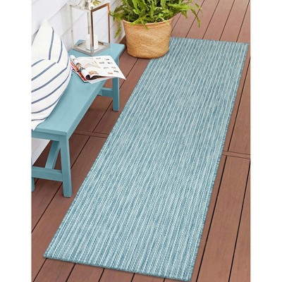 Aqua and Beige Flat Woven Synthetic Stripe Rug 24" x 7'6"