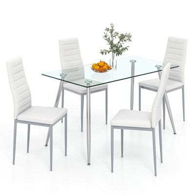Tangkula 5 PCS 51" Rectangle Dining Set 0.3" Thick Glass Table w/ 4 Padded Dining Chairs