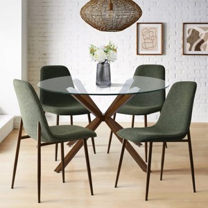 Olive+Oslo 5-Piece Dining Table Set for 4, Round Glass Dining Table with 4 Upholstered Dining Chairs Walnut Legs-Maison Boucle - 1 of 4