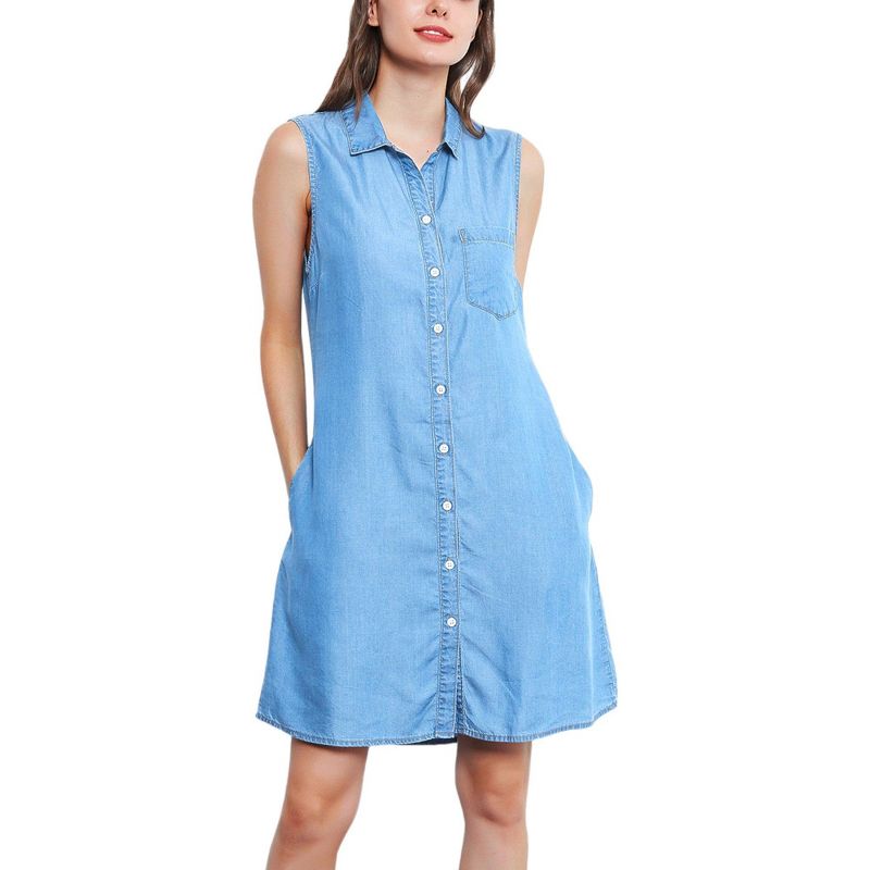 Anna-Kaci Women's Sleeveless Button Down Premium Denim Dress, 1 of 6