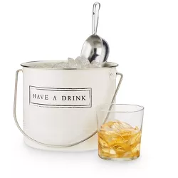 Twine Have A Drink White Enameled Metal Ice Bucket and Scoop, Wine Bottle And Beer Bottle Bucket, 1-Gallon Capacity