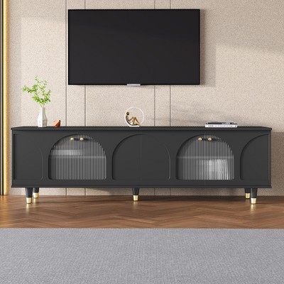 ORRD  Contemporary TV Stand for TVs up to 78", Modern Media Console with Gold Accents & Arch Fluted Glass Doors, in Black