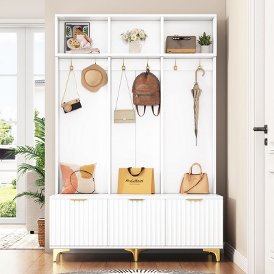 NicBex Coat Rack Freestanding with Bench and Storage Modern Hall Tree with 6 Gold Hooks and Top Storage Compartments for Corner, Living Room
