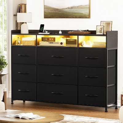 WOWLIVE 9 - Drawer Dresser with 2-Tier Open Shelf, Dresser with Power Outlet & LED, 43"W Dresser for Bedroom, TV Stand