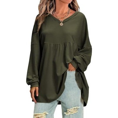 EXLURA EXLURA Womens Spring Long Sleeve Shirts V Neck Casual Maternity Tops Loose Babydoll Pullover Dressy Tunic Blouse Outfits 2025 Apricot