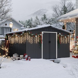 10x10 ft Metal Storage Shed with Pitched Roof & Lockable Door Galvanised Steel Storage Shed, Backyard Garden Lawn Outdoor Sheds - 1 of 4