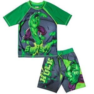 Marvel Avengers Hulk Spider-Man Boys Rash Guard and Swim Trunks Outfit Set Toddler to Big Kid - 1 of 4