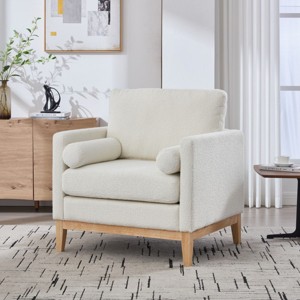 Modern Boucle Upholstered Accent Chair with Natural Wood Base and Removable Cushions,Wooden Single Reading Armchair-Cuddlewood - 1 of 4