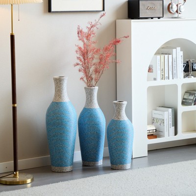 Aukfa Set of 3 White and Blue Decorative Floor Vases with Metal Stands - Tall PVC Vases with Artificial Vine Texture