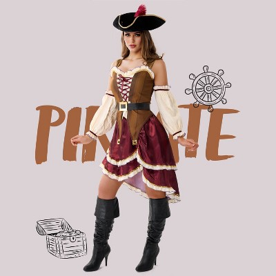 Joyfy Women Halloween Costume Pirate Captain for Adult Brown Pirate Dress with Hat and Belt for Halloween Cosplay Party Decor